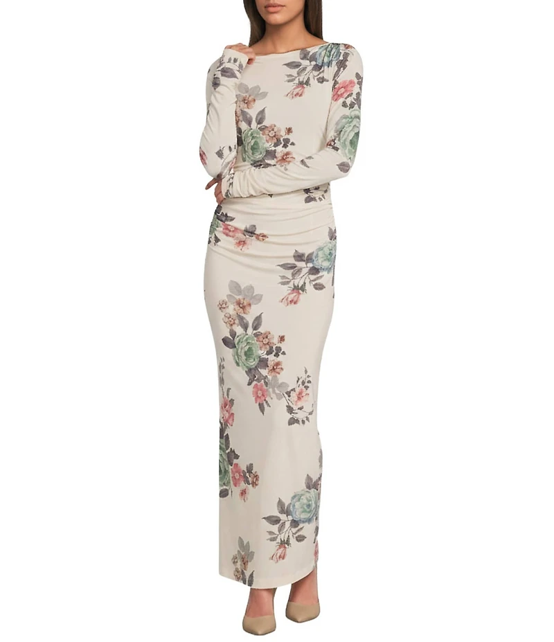 Marella Millghiglia Floral Print Jersey Boat Neck Long Sleeve Shift Maxi Dress