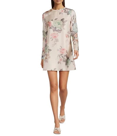 Marella Millsamba Silk Rose Print Crew Neck Long Sleeve Mini Dress