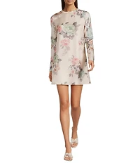 Marella Millsamba Silk Rose Print Crew Neck Long Sleeve Mini Dress