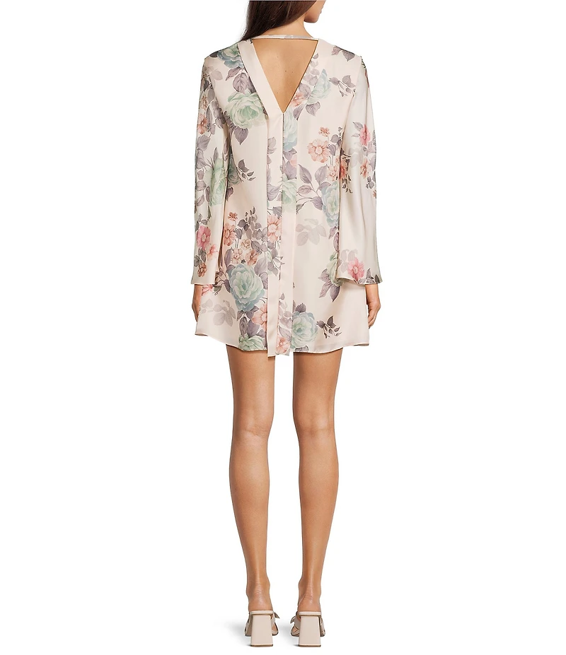 Marella Millsamba Silk Rose Print Crew Neck Long Sleeve Mini Dress
