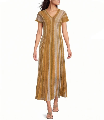 Marella Mllacceso Stripe Stitched Rib Knit V-Neck Short Sleeve Maxi Dress