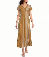 Marella Mllacceso Stripe Stitched Rib Knit V-Neck Short Sleeve Maxi Dress