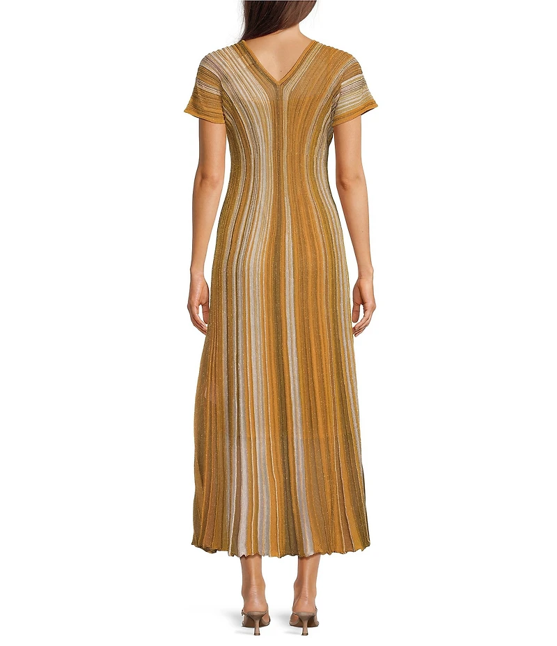 Marella Mllacceso Stripe Stitched Rib Knit V-Neck Short Sleeve Maxi Dress