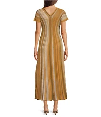 Marella Mllacceso Stripe Stitched Rib Knit V-Neck Short Sleeve Maxi Dress