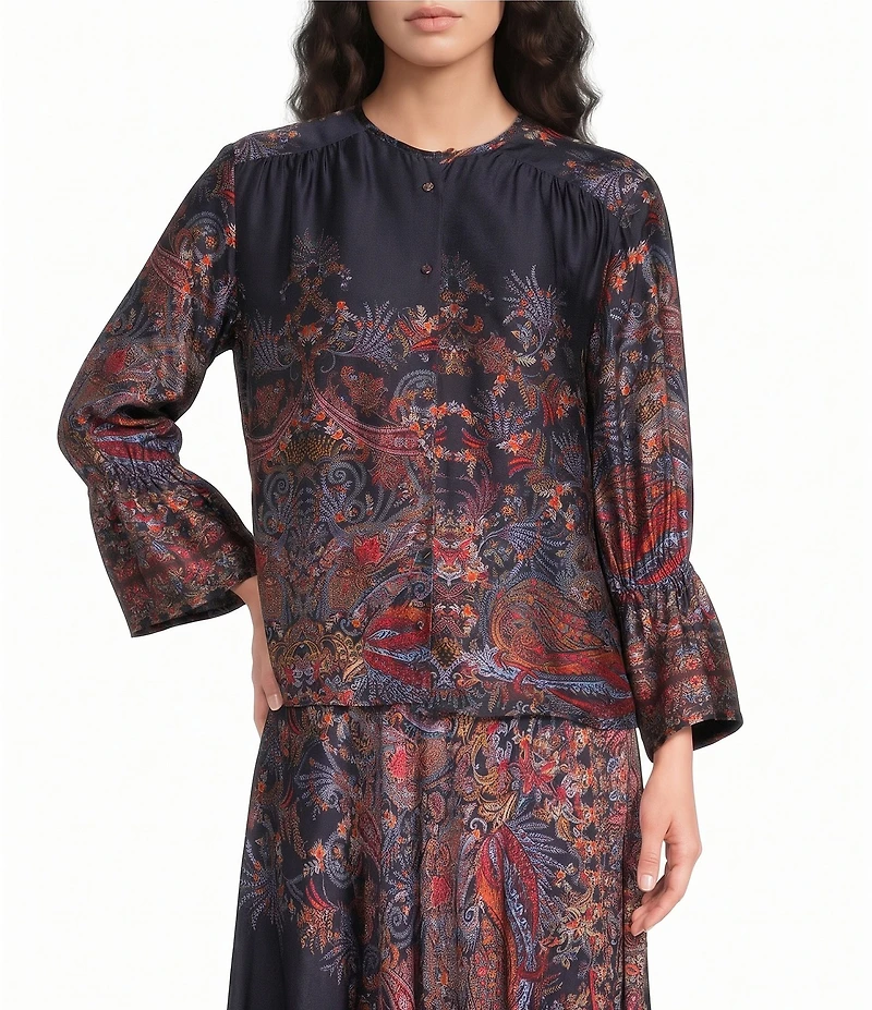 Marella Mllgirino Paisley Satin Crew Neck Long Sleeve Button-Front Shirt