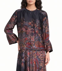 Marella Mllgirino Paisley Satin Crew Neck Long Sleeve Button-Front Shirt