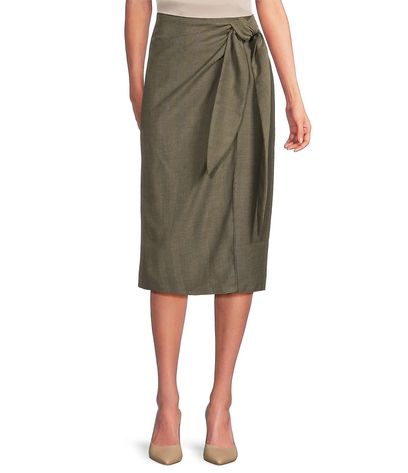 Marella Ordine Wool Blend Twill Kaki Side Knot Wrap Midi Skirt