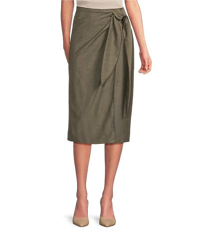Marella Ordine Wool Blend Twill Kaki Side Knot Wrap Midi Skirt