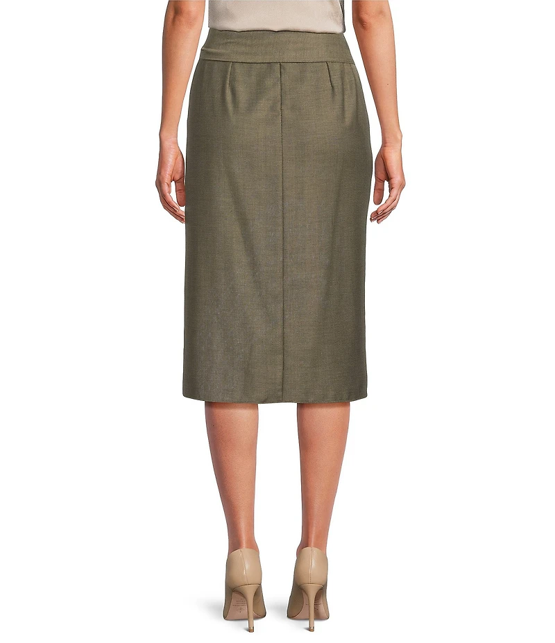 Marella Ordine Wool Blend Twill Kaki Side Knot Wrap Midi Skirt