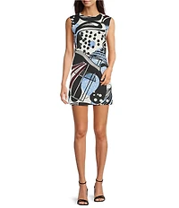 Marella Rink Macro Print Crepe Silk Round Neck Sleeveless Mini Dress