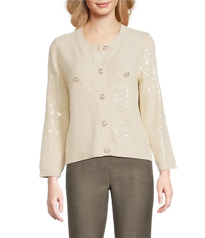 Marella Siena Knit Cream Sequin Crew Neck Long Sleeve Cardigan