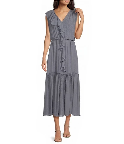 Marella Teoria Georgette V-Neck Sleeveless Flounce Maxi Dress