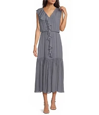 Marella Teoria Georgette V-Neck Sleeveless Flounce Maxi Dress