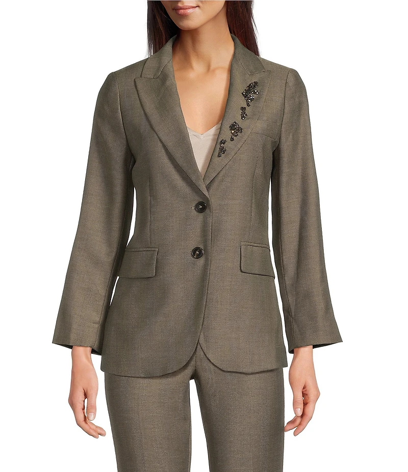 Marella Twill Crystal Lapel Notch Lapel Two Button Kaki Jacket