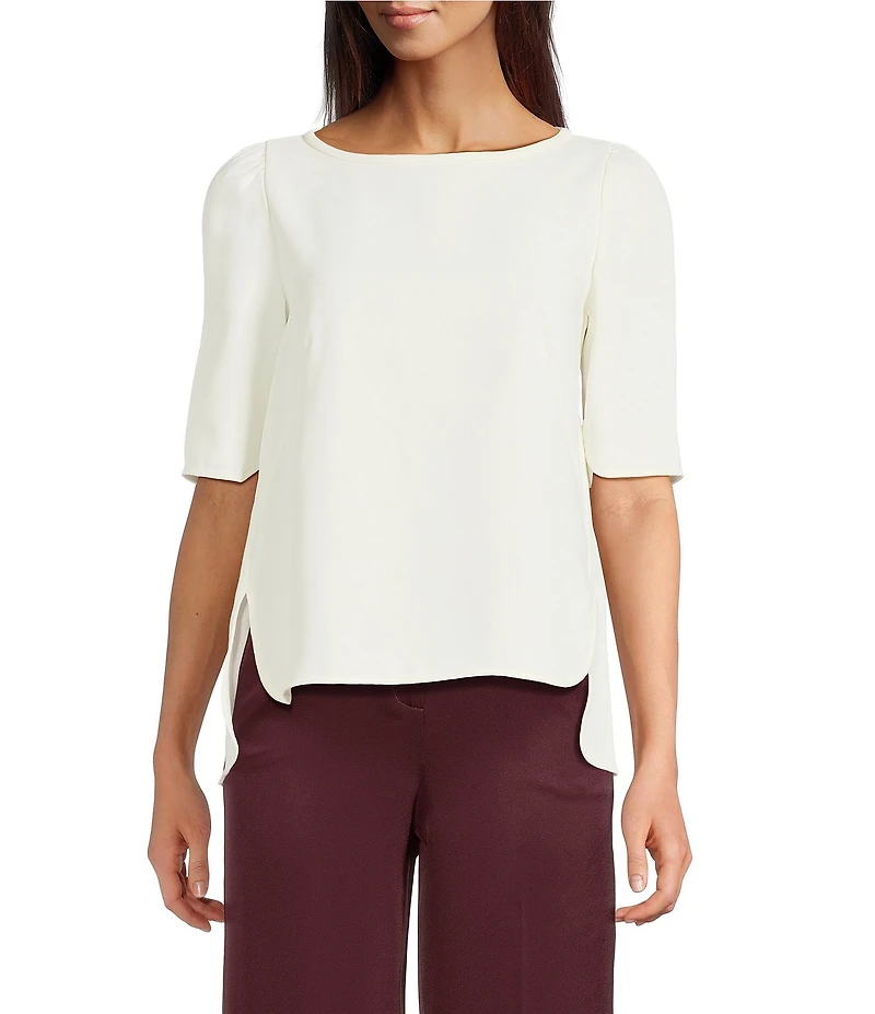 Marella Vanessa Satin Crepe Round Neck Elbow Sleeve Side Slit High-Low Hem Shirt