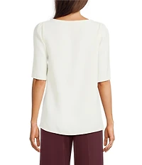 Marella Vanessa Satin Crepe Round Neck Elbow Sleeve Side Slit High-Low Hem Shirt