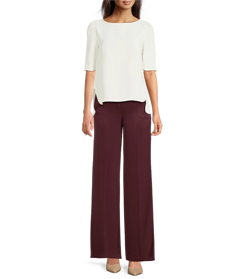 Marella Vanessa Satin Crepe Round Neck Elbow Sleeve Side Slit High-Low Hem Shirt