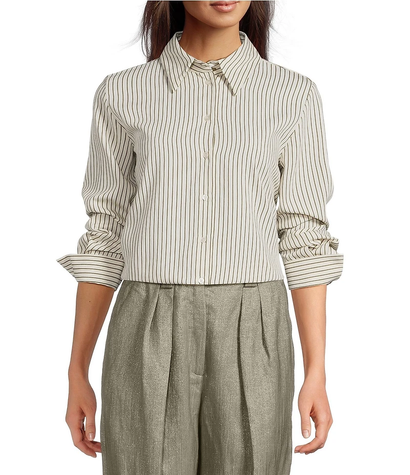 Marella Woven Roberto Twill Stripe Point Collar Long Sleeve Button Front Shirt