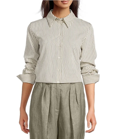 Marella Woven Roberto Twill Stripe Point Collar Long Sleeve Button Front Shirt