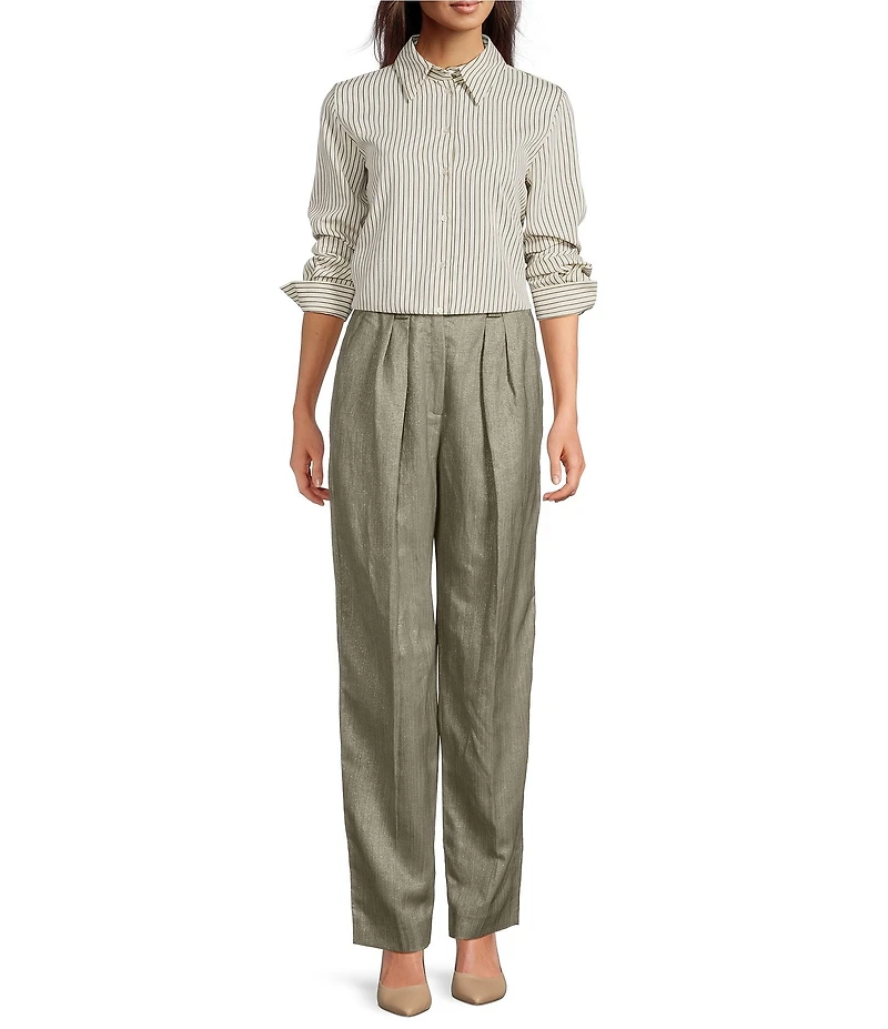 Marella Woven Roberto Twill Stripe Point Collar Long Sleeve Button Front Shirt