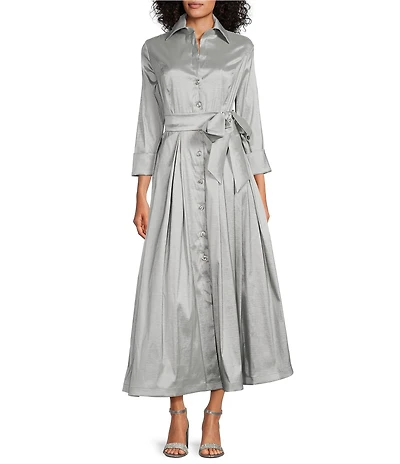 Marina 3/4 Sleeve Point Collar Neck Tie Waist Taffeta Midi A-Line Dress