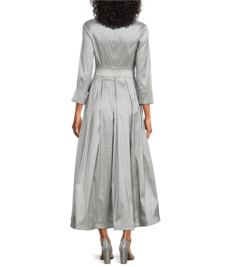 Marina 3/4 Sleeve Point Collar Neck Tie Waist Taffeta Midi A-Line Dress