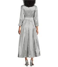 Marina 3/4 Sleeve Point Collar Neck Tie Waist Taffeta Midi A-Line Dress