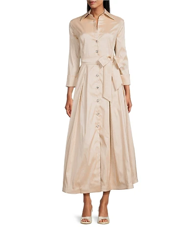 Marina 3/4 Sleeve Point Collar Neck Tie Waist Taffeta Midi A-Line Dress