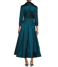 Marina 3/4 Sleeve Point Collar Neck Tie Waist Taffeta Midi A-Line Dress