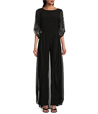 Marina Beaded 3/4 Sleeve Crew Neck Flyaway Jumpsuit