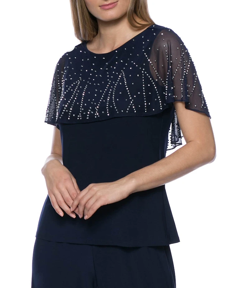 Marina Beaded Short Capelet Sleeve Round Neck Matte Jersey 2-Piece Pant Set