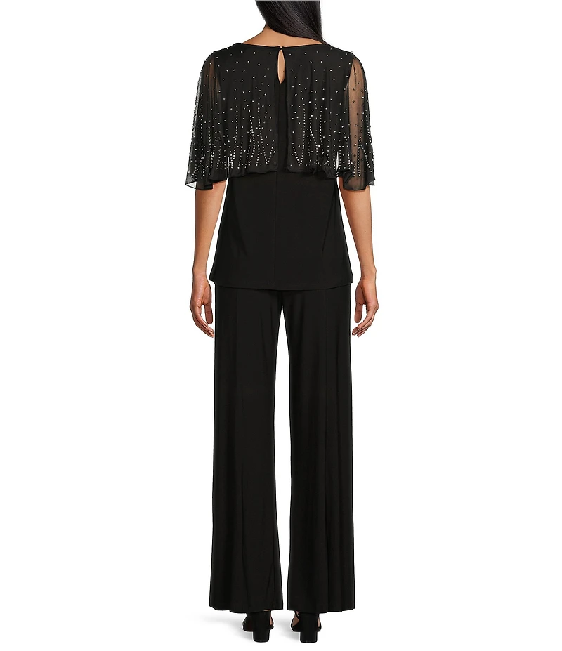 Marina Beaded Short Capelet Sleeve Round Neck Matte Jersey 2-Piece Pant Set