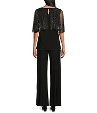 Marina Beaded Short Capelet Sleeve Round Neck Matte Jersey 2-Piece Pant Set