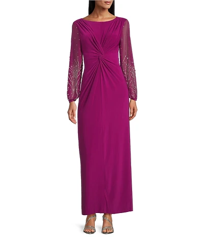 Marina Beaded Long Sleeve Crew Neck Ruched Front Gown