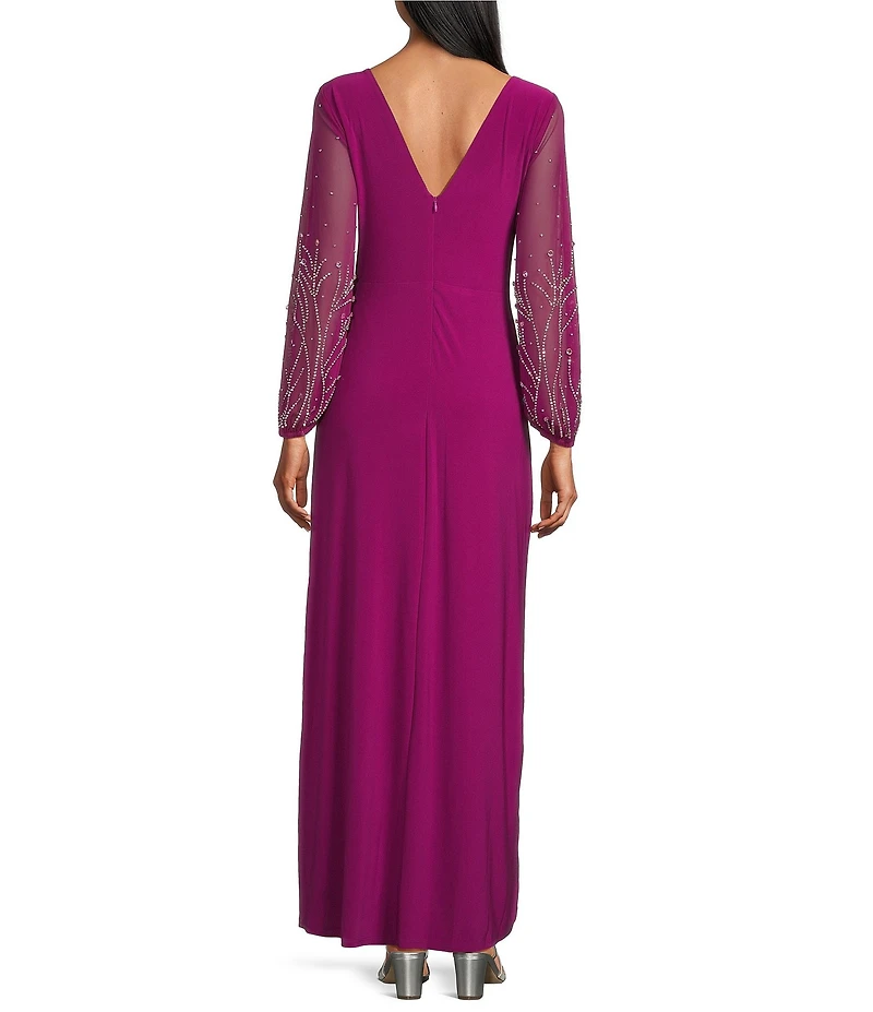 Marina Beaded Long Sleeve Crew Neck Ruched Front Gown