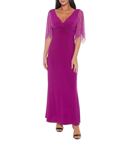 Marina Beaded Short Sleeve Jersey Knot Front Sheath Dress