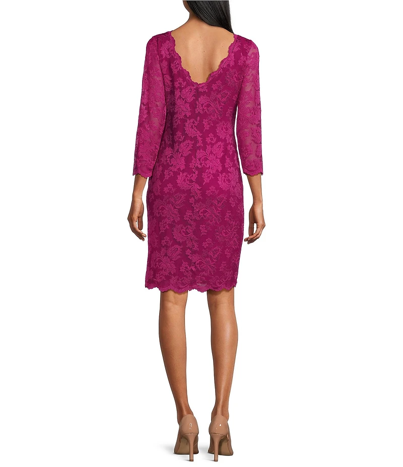 Marina Boat Neck 3/4 Illusion Sleeve Scalloped Lace Dress