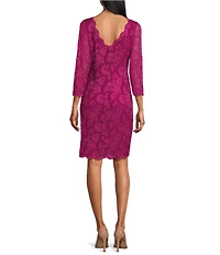 Marina Boat Neck 3/4 Illusion Sleeve Scalloped Lace Dress
