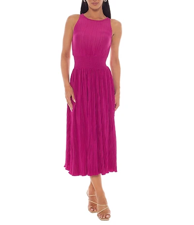 Marina Bodre Pleated Knit Crew Neck Sleeveless Smocked Waist Gown