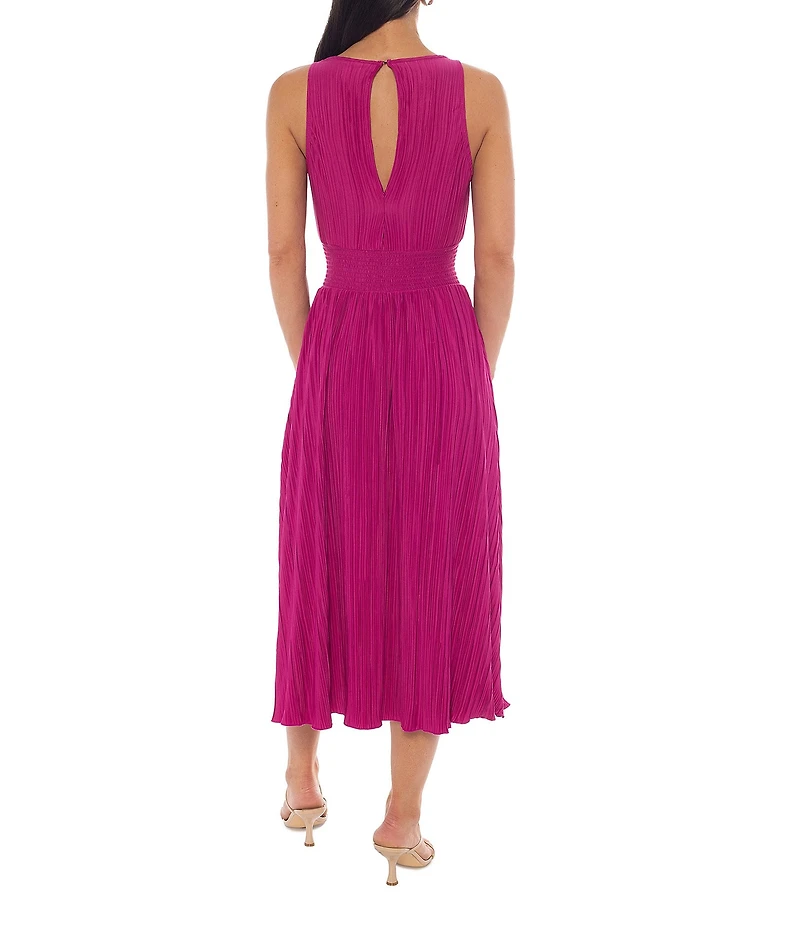 Marina Bodre Pleated Knit Crew Neck Sleeveless Smocked Waist Gown