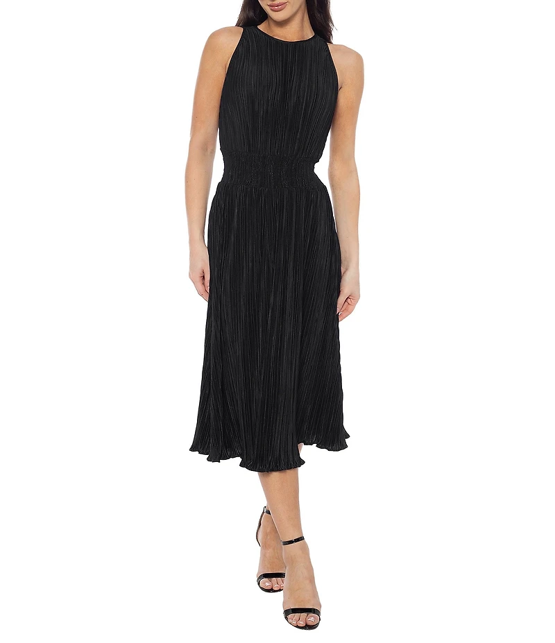 Marina Bodre Pleated Knit Crew Neck Sleeveless Smocked Waist Gown