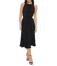 Marina Bodre Pleated Knit Crew Neck Sleeveless Smocked Waist Gown