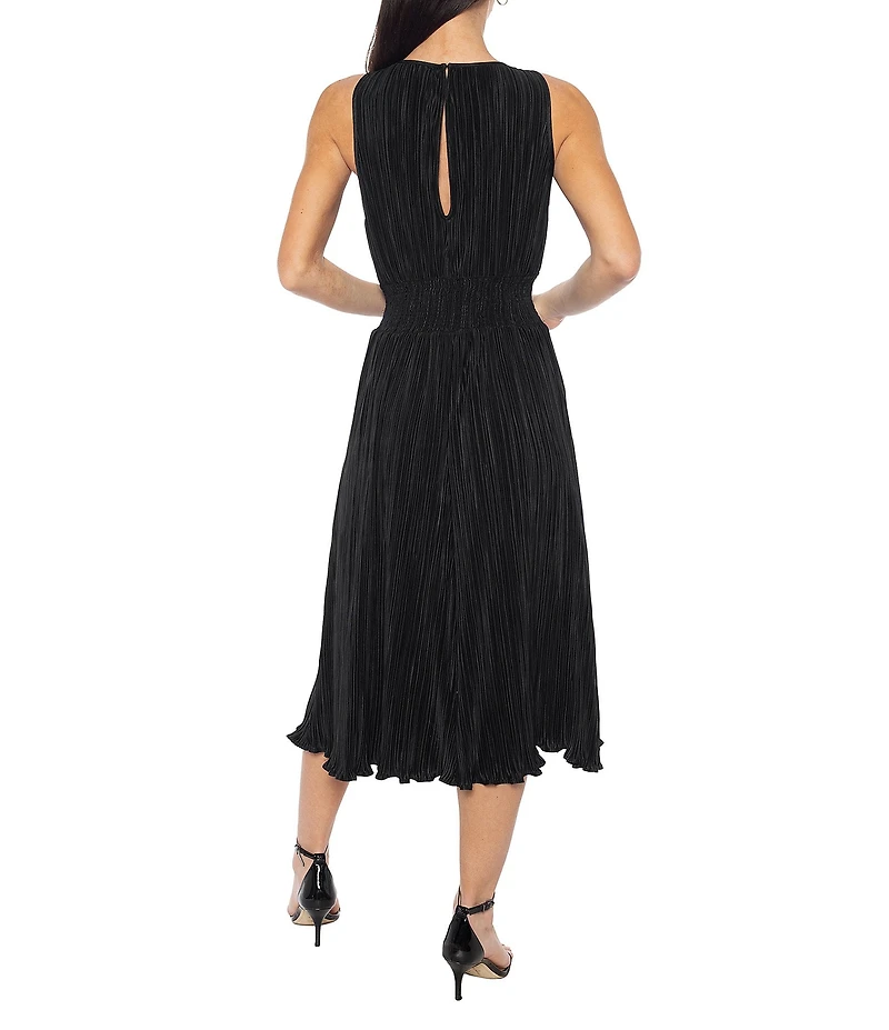 Marina Bodre Pleated Knit Crew Neck Sleeveless Smocked Waist Gown