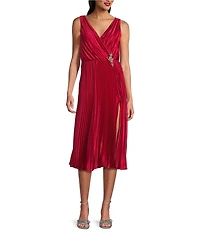 Marina Charmeuse V-Neck Sleeveless Pleated A-Line Midi Dress