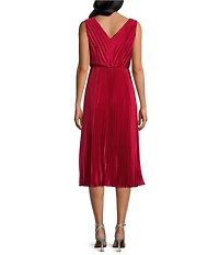 Marina Charmeuse V-Neck Sleeveless Pleated A-Line Midi Dress