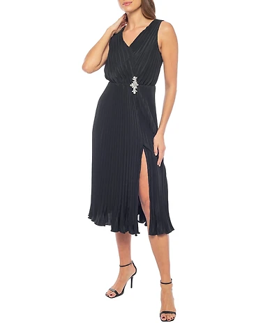 Marina Charmeuse V-Neck Sleeveless Pleated A-Line Midi Dress