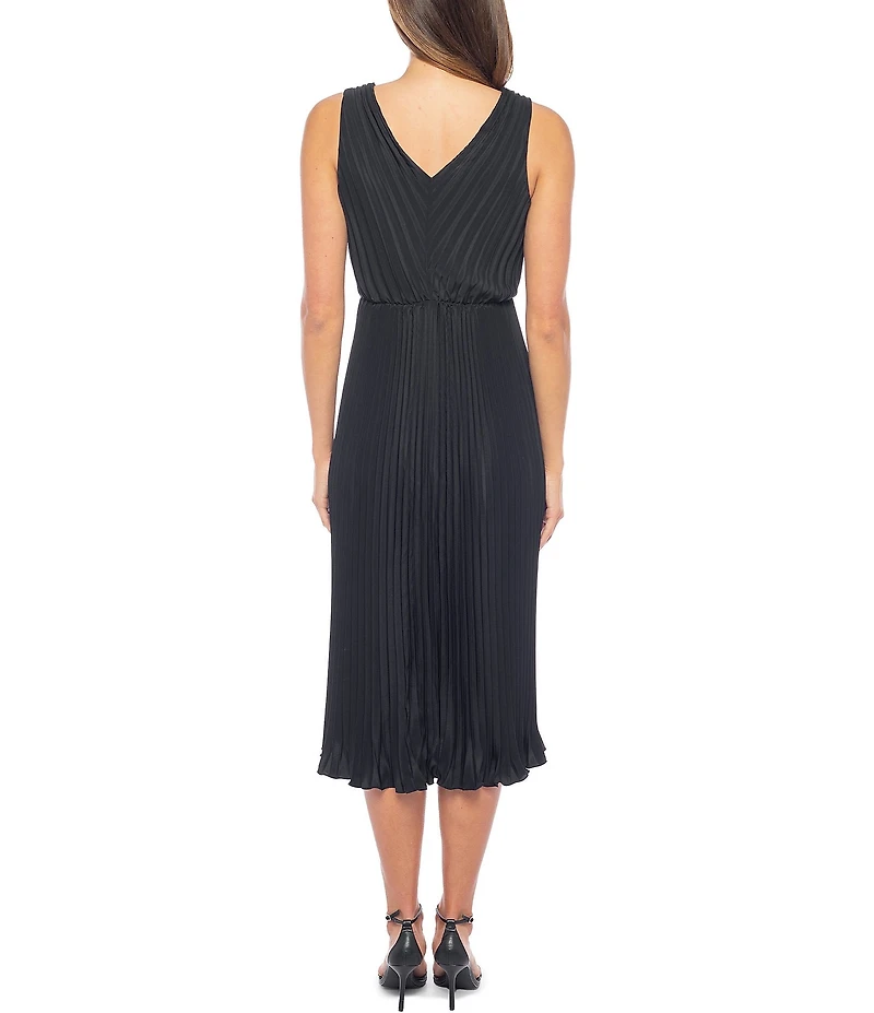 Marina Charmeuse V-Neck Sleeveless Pleated A-Line Midi Dress