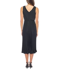 Marina Charmeuse V-Neck Sleeveless Pleated A-Line Midi Dress