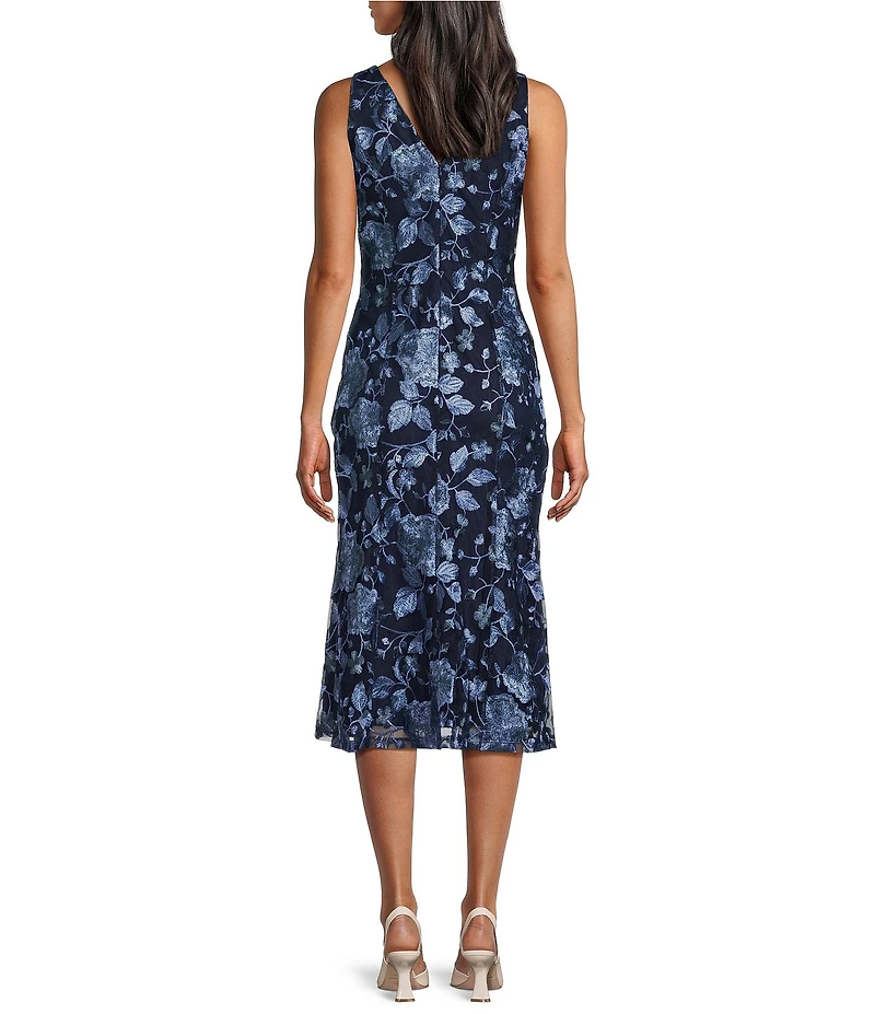 Marina Embroidered Lace V-Neck Sleeveless Midi Sheath Dress