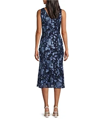 Marina Embroidered Lace V-Neck Sleeveless Midi Sheath Dress